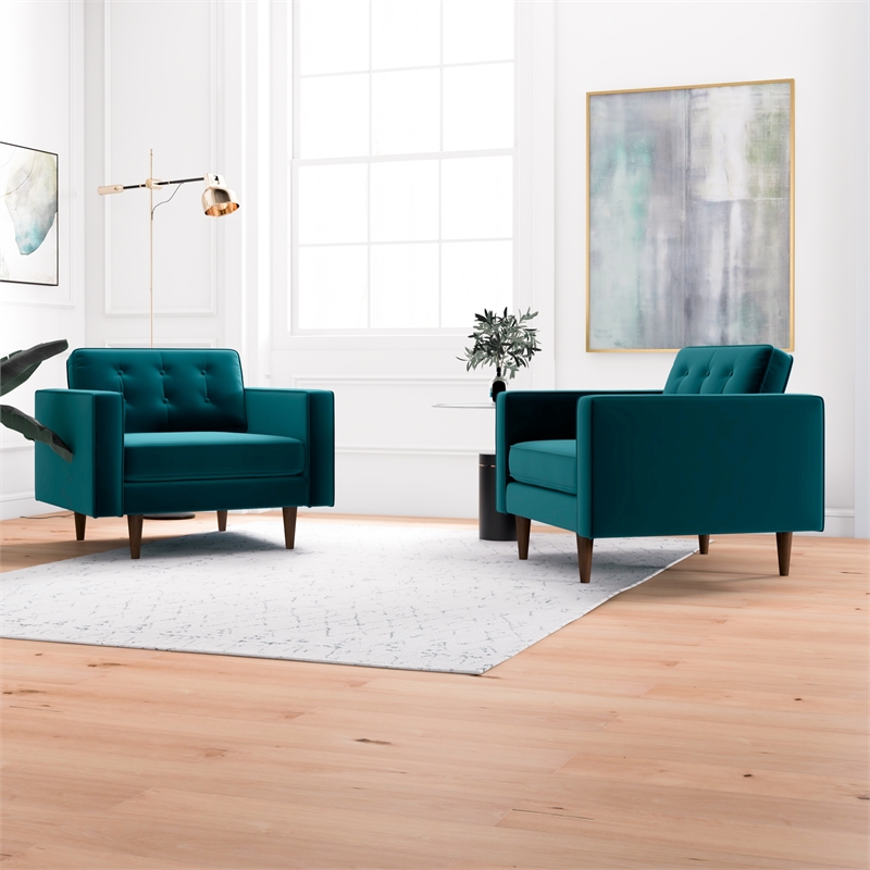 Karmen Mid-Century Pillow Back Velvet Lounge Chair in Turquoise (Set of 2)