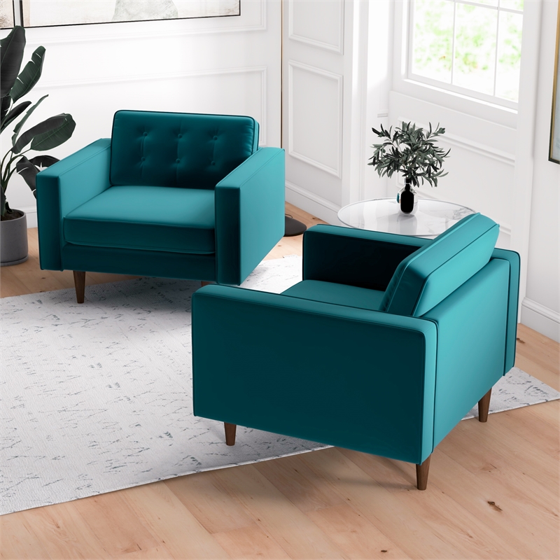 Karmen Mid-Century Pillow Back Velvet Lounge Chair in Turquoise (Set of 2)