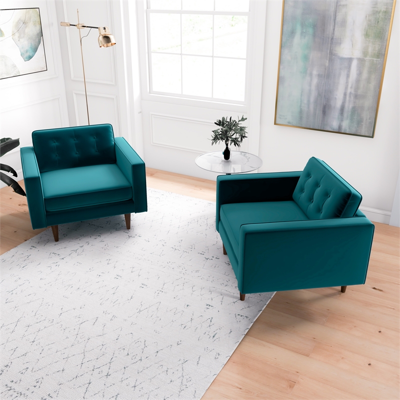 Karmen Mid-Century Pillow Back Velvet Lounge Chair in Turquoise (Set of 2)