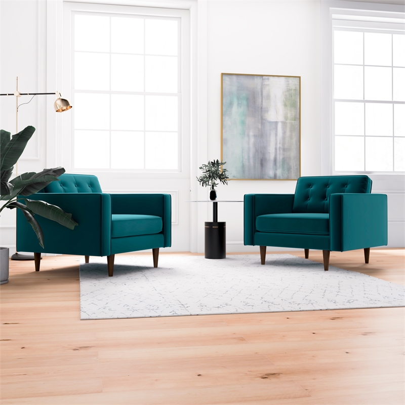 Karmen Mid-Century Pillow Back Velvet Lounge Chair in Turquoise (Set of 2)