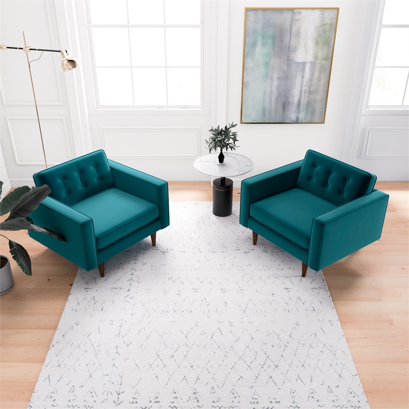 Karmen Mid-Century Pillow Back Velvet Lounge Chair in Turquoise (Set of 2)