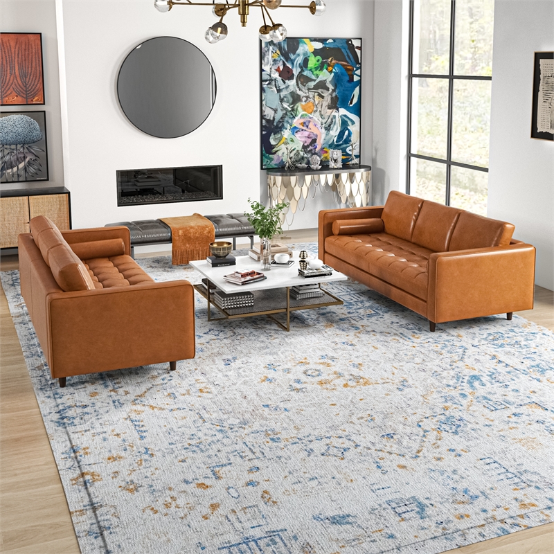 Base Mid-Century Modern Living Room Sofa in Tan Leather (Set of 2)