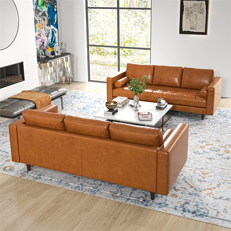 Base Mid-Century Modern Living Room Sofa in Tan Leather (Set of 2)