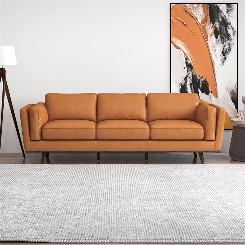 Sienna Mid-Century Cushion Back Genuine Leather Upholstered Sofa in Tan