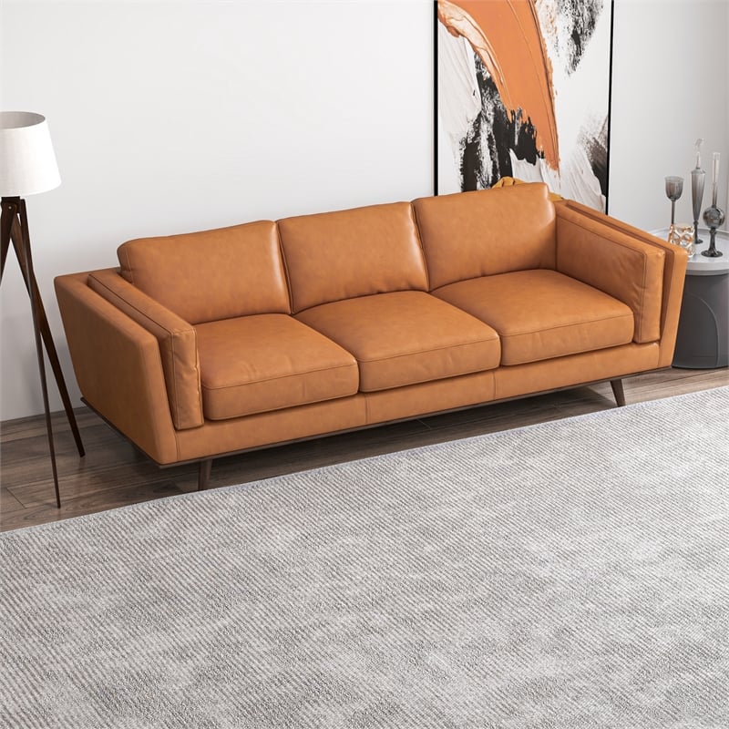 Sienna Mid-Century Cushion Back Genuine Leather Upholstered Sofa in Tan
