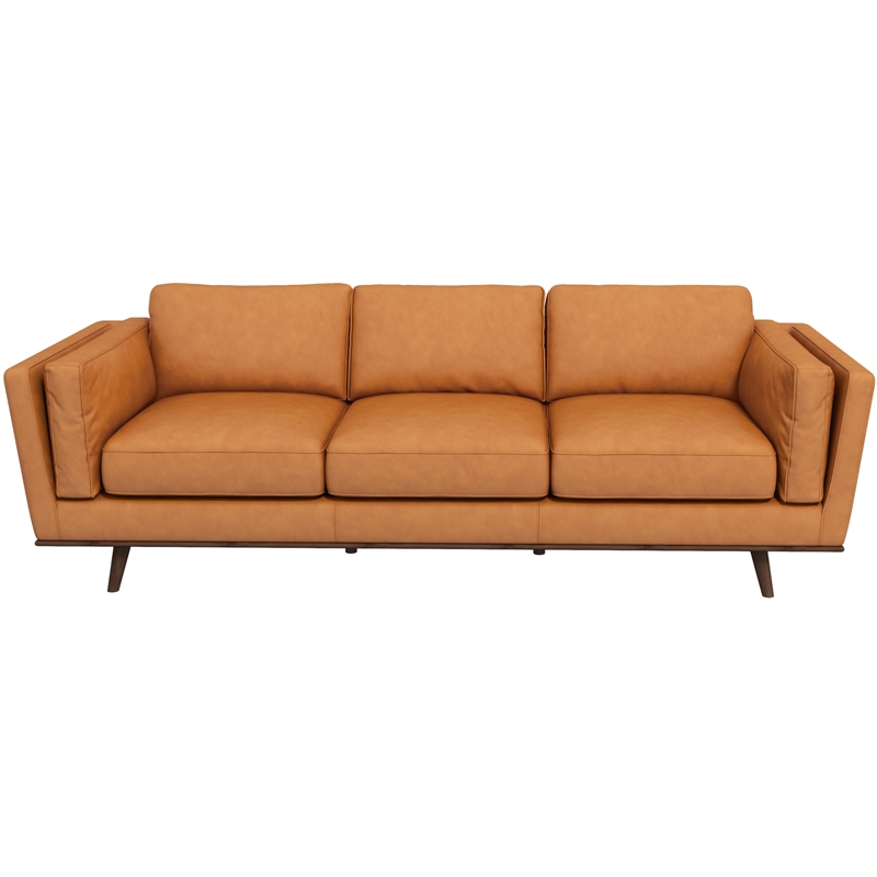 Sienna Mid-Century Cushion Back Genuine Leather Upholstered Sofa in Tan