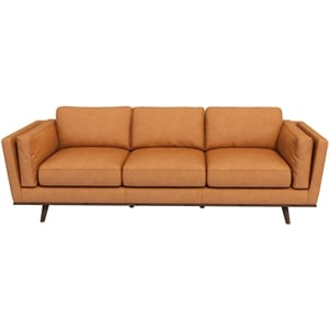 Sienna Mid-Century Cushion Back Genuine Leather Upholstered Sofa in Tan