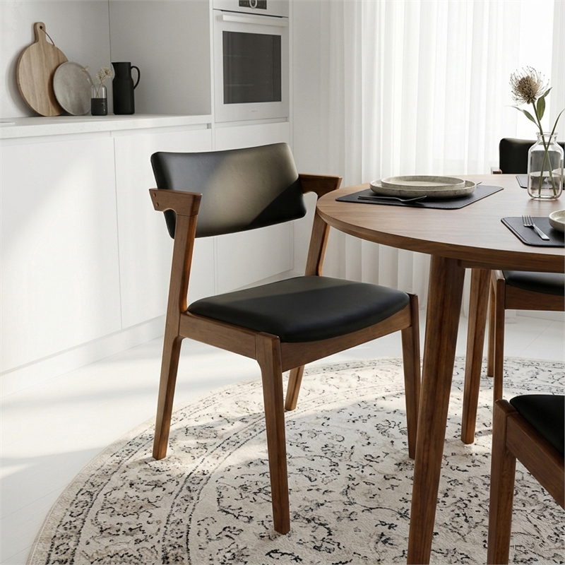 Vego Mid-Century Faux Leather Upholstered Dining Chair in Black (Pair)