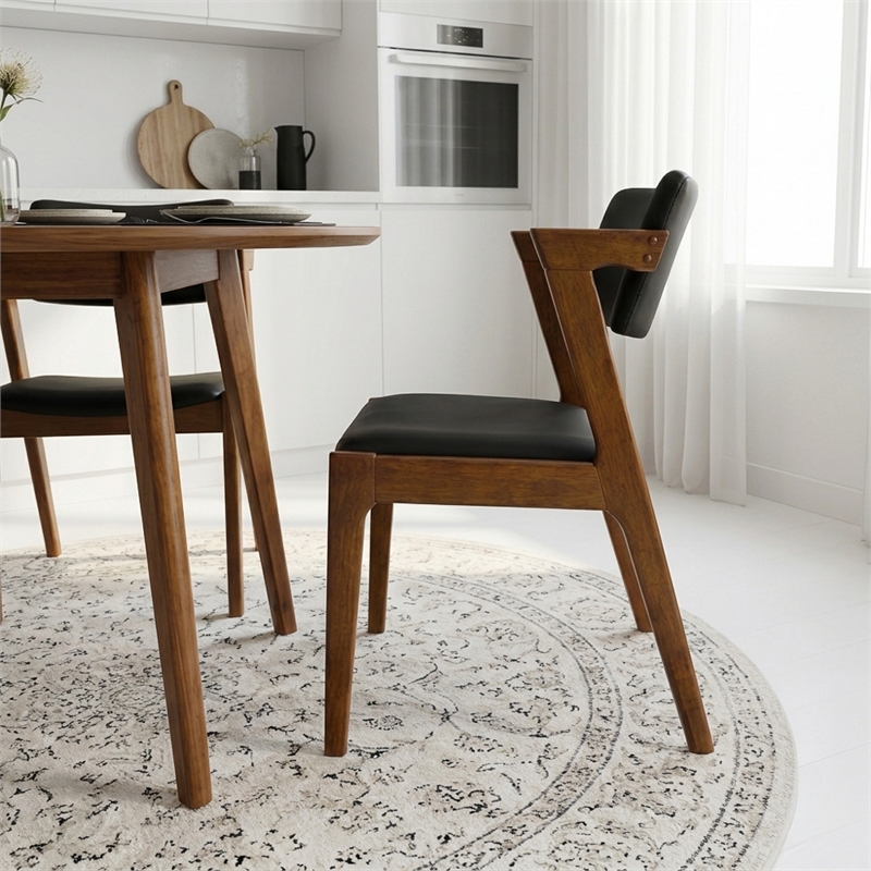 Vego Mid-Century Faux Leather Upholstered Dining Chair in Black (Pair)