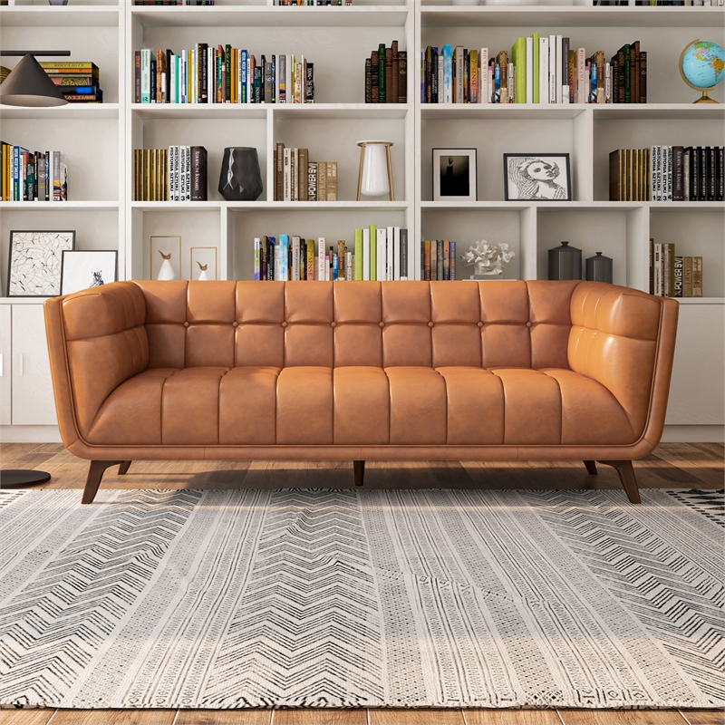 Tupper Modern Chesterfield Tufted Leather Living Room Sofa in Tan