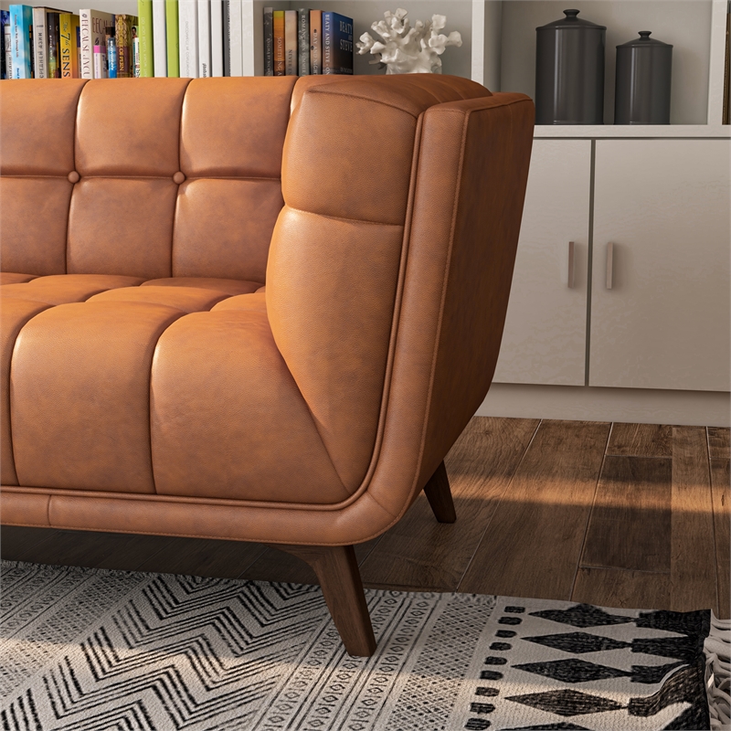 Tupper Modern Chesterfield Tufted Leather Living Room Sofa in Tan