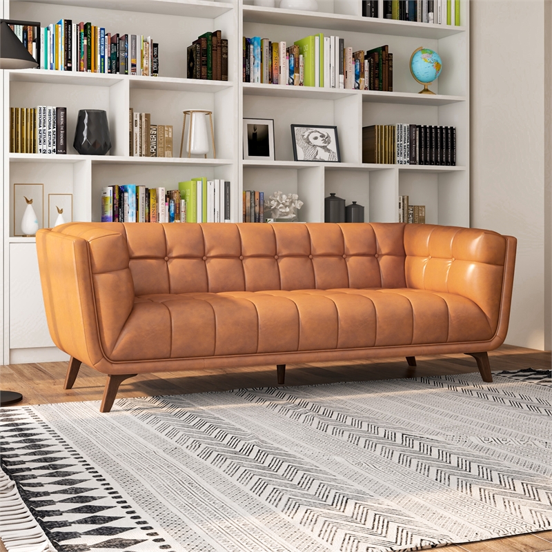 Tupper Modern Chesterfield Tufted Leather Living Room Sofa in Tan