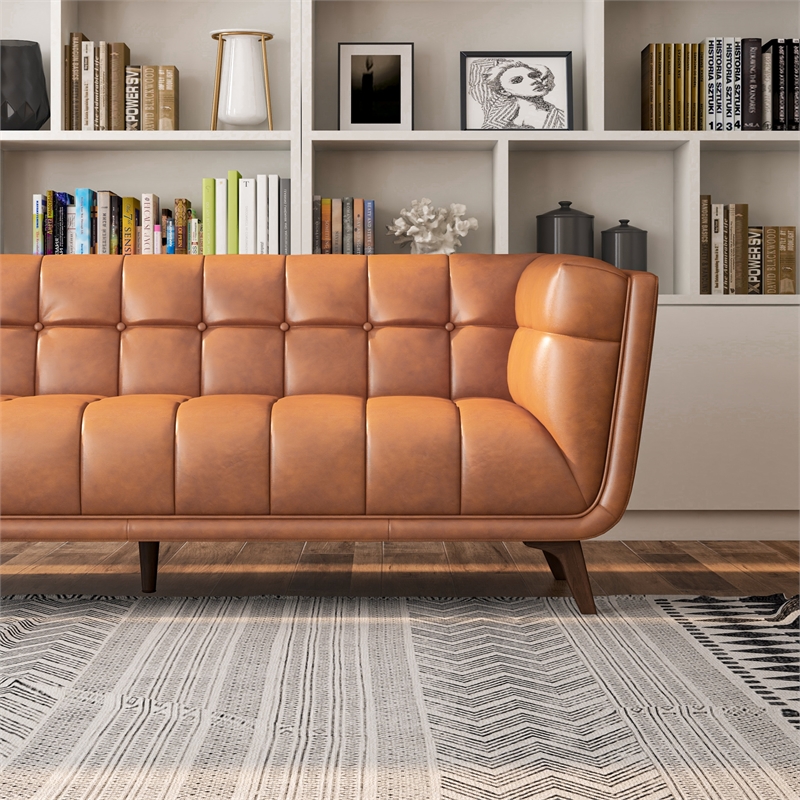 Tupper Modern Chesterfield Tufted Leather Living Room Sofa in Tan