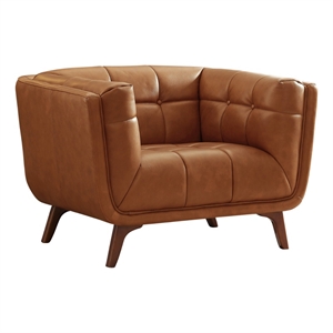 Allen Mid-Century Tufted Tight Back Leather Upholstered Lounge Chair in Tan