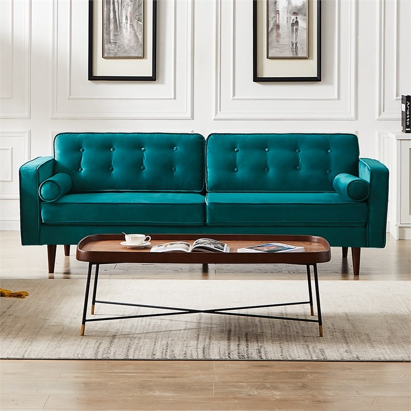 Kearney Mid-Century Tufted Tight Back Turquoise Velvet Upholstered Sofa
