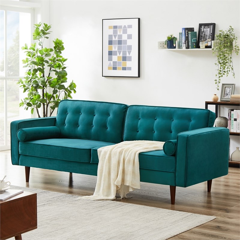 Kearney Mid-Century Tufted Tight Back Turquoise Velvet Upholstered Sofa