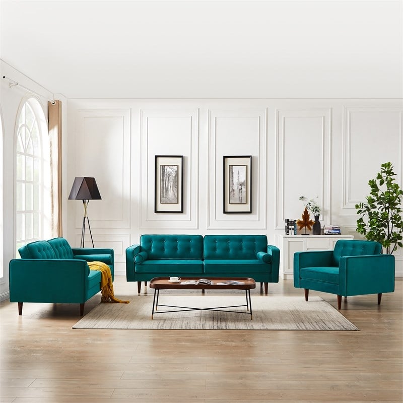 Kearney Mid-Century Tufted Tight Back Turquoise Velvet Upholstered Sofa