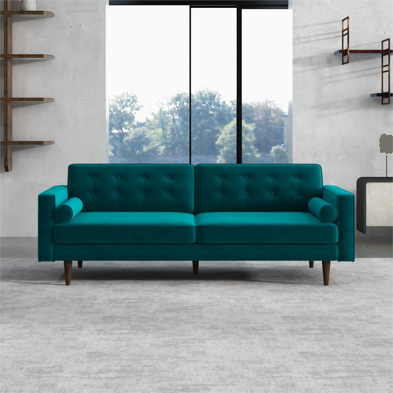 Madoc Mid Century Upholstered Tufted Back Turquoise Velvet Sofa
