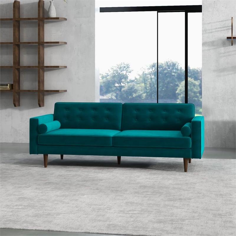 Madoc Mid Century Upholstered Tufted Back Turquoise Velvet Sofa