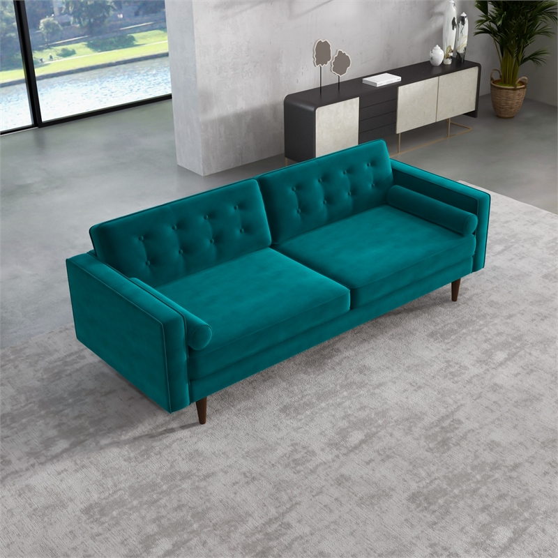 Madoc Mid Century Upholstered Tufted Back Turquoise Velvet Sofa