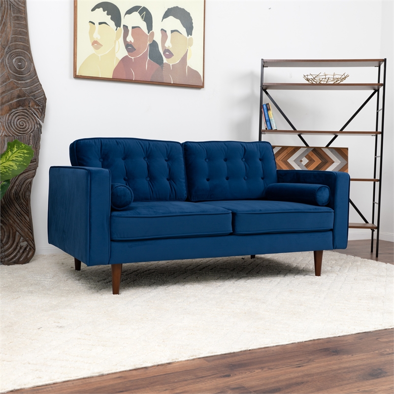 Cesena Mid-Century Pillow Back Velvet Upholstered Loveseat in Blue