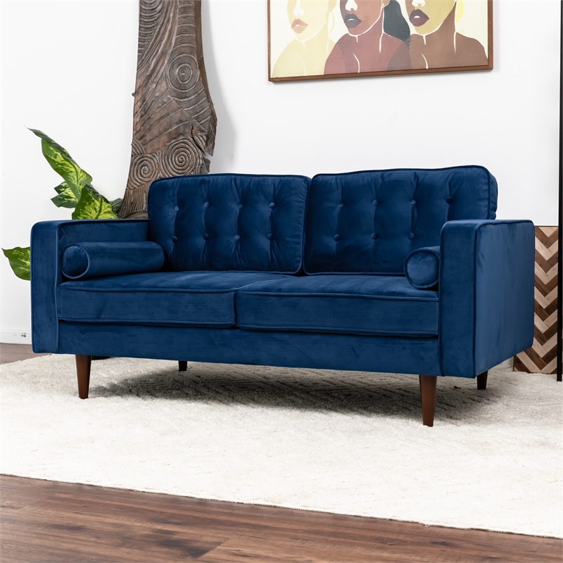Cesena Mid-Century Pillow Back Velvet Upholstered Loveseat in Blue