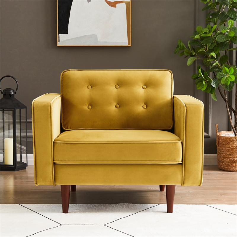 Harriet Mid-Century Tufted Pillow Back Velvet Upholstered Arm Chair in Gold