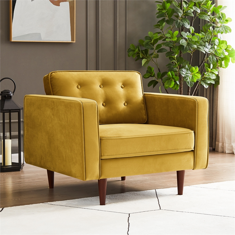 Harriet Mid-Century Tufted Pillow Back Velvet Upholstered Arm Chair in Gold