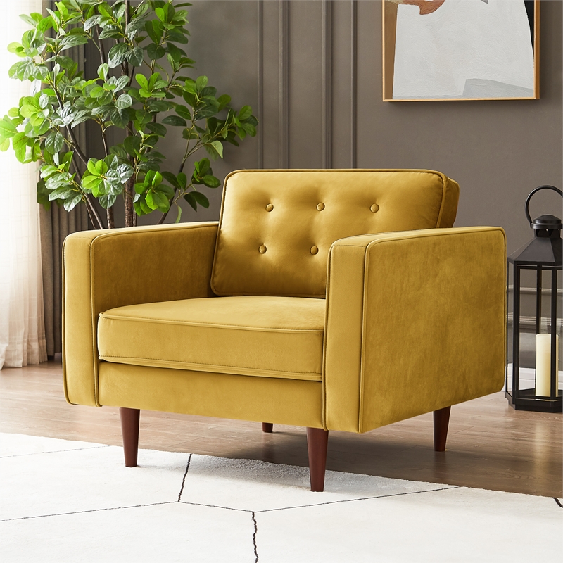 Harriet Mid-Century Tufted Pillow Back Velvet Upholstered Arm Chair in Gold