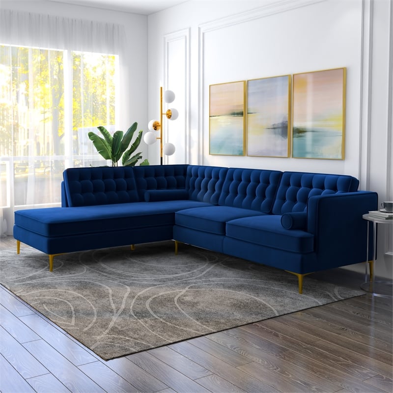 Celestine Modern Pillow Back Velvet Left-Facing Upholstered Sectional in Blue