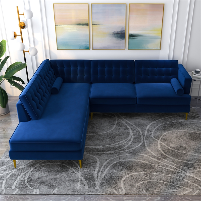Celestine Modern Pillow Back Velvet Left-Facing Upholstered Sectional in Blue