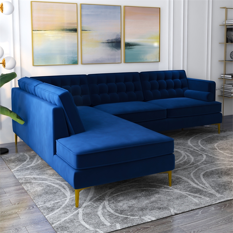 Celestine Modern Pillow Back Velvet Left-Facing Upholstered Sectional in Blue