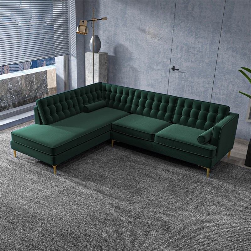 Castle Mid-Century Pillow Back Velvet Left-Facing Upholstered Sectional in Green