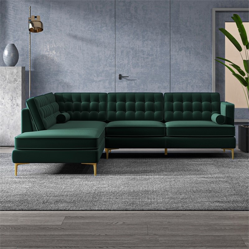 Castle Mid-Century Pillow Back Velvet Left-Facing Upholstered Sectional in Green
