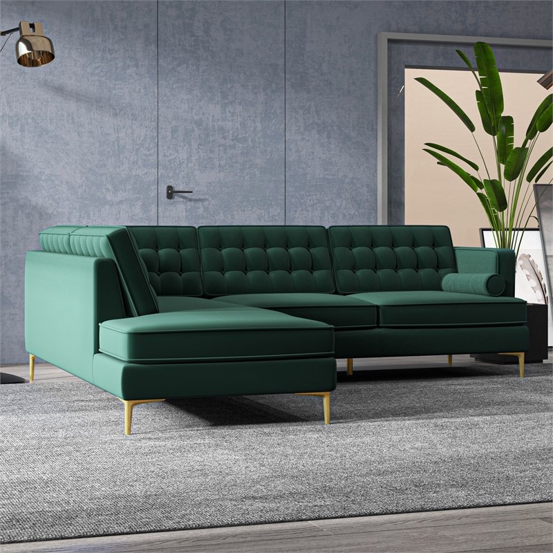 Castle Mid-Century Pillow Back Velvet Left-Facing Upholstered Sectional in Green