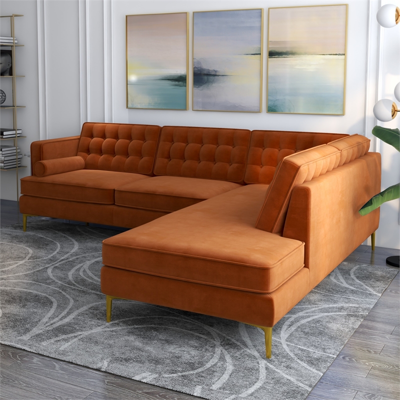 Kalenga Modern Pillow Back Velvet Right-Facing Upholstered Sectional in Orange