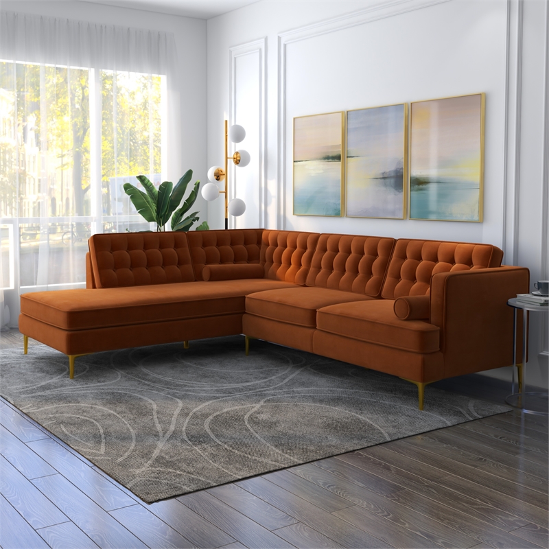 Kalenga Modern Pillow Back Velvet Left-Facing Upholstered Sectional in Orange