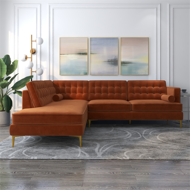 Kalenga Modern Pillow Back Velvet Left-Facing Upholstered Sectional in Orange