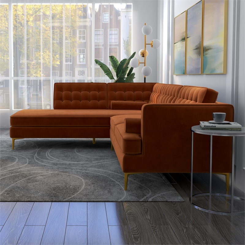 Kalenga Modern Pillow Back Velvet Left-Facing Upholstered Sectional in Orange