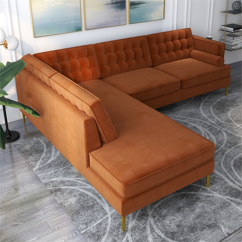 Kalenga Modern Pillow Back Velvet Left-Facing Upholstered Sectional in Orange