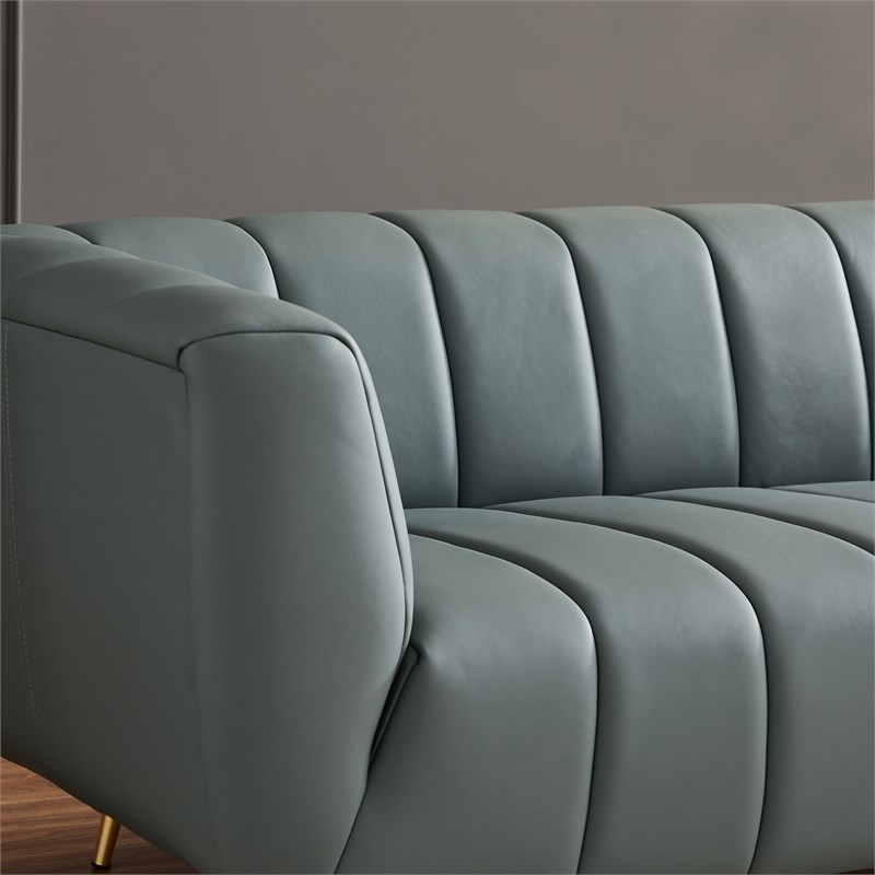 Clodette Mid Century Modern Living Room Genuine Leather Sage Sofa