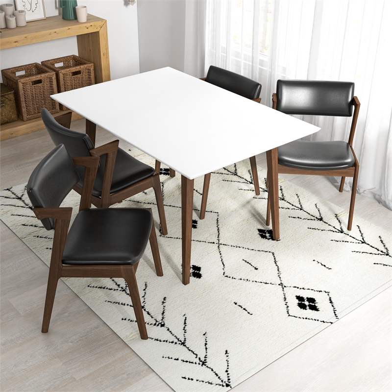 Alcanor Solid Wood Walnut Table and Black Leather Chair Dining Room&Kitchen Set