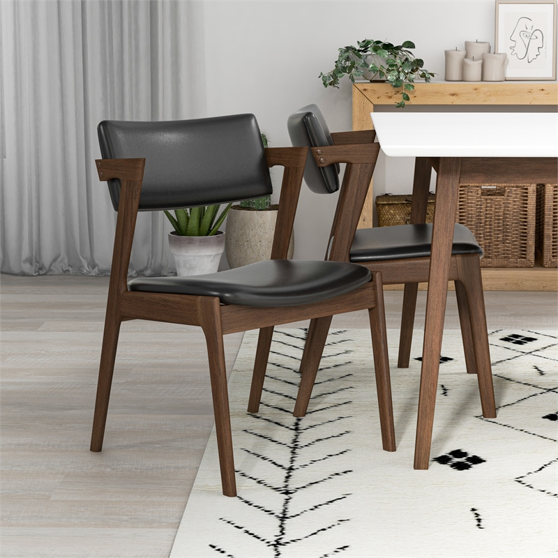 Alcanor Solid Wood Walnut Table and Black Leather Chair Dining Room&Kitchen Set