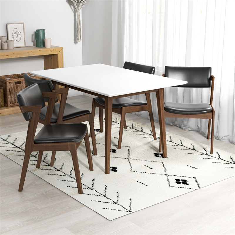 Alcanor Solid Wood Walnut Table and Black Leather Chair Dining Room&Kitchen Set