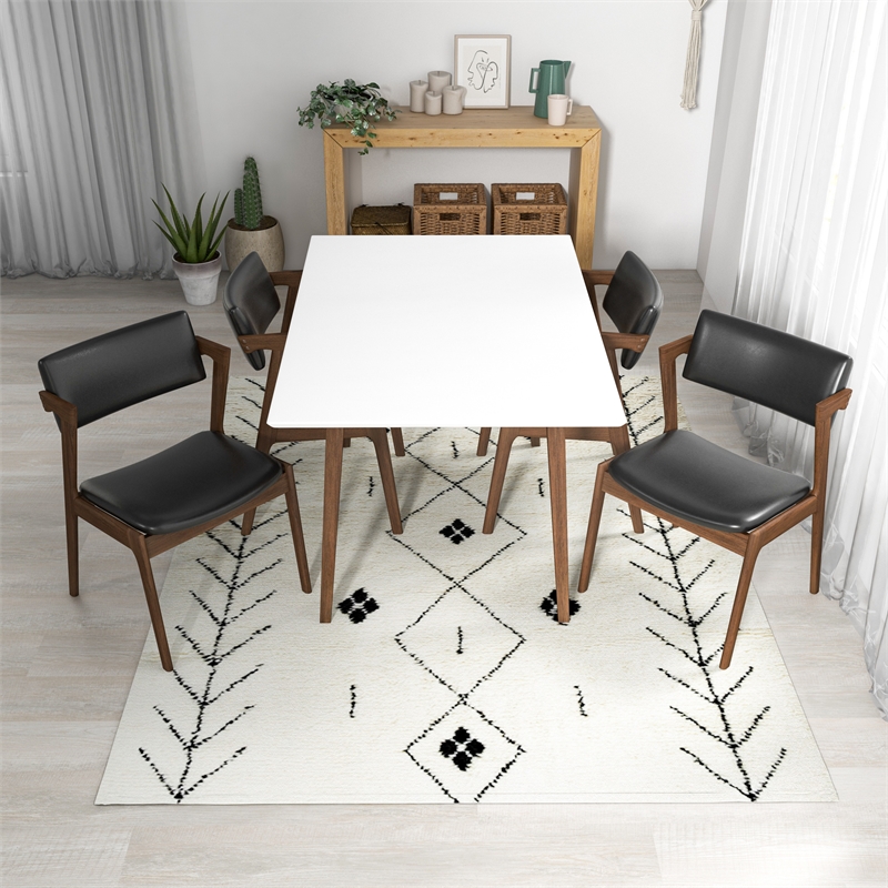 Alcanor Solid Wood Walnut Table and Black Leather Chair Dining Room&Kitchen Set
