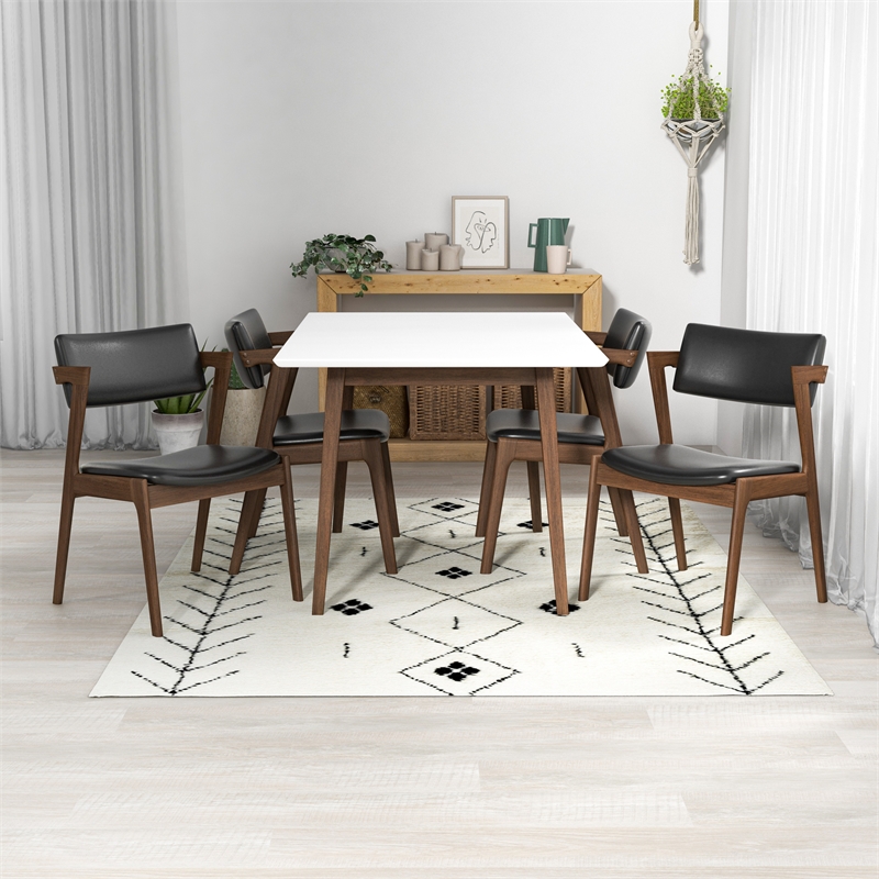 Alcanor Solid Wood Walnut Table and Black Leather Chair Dining Room&Kitchen Set