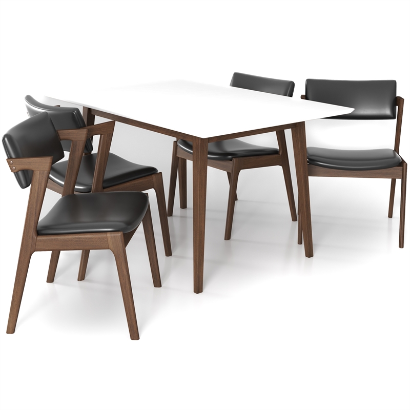 Alcanor Solid Wood Walnut Table and Black Leather Chair Dining Room&Kitchen Set
