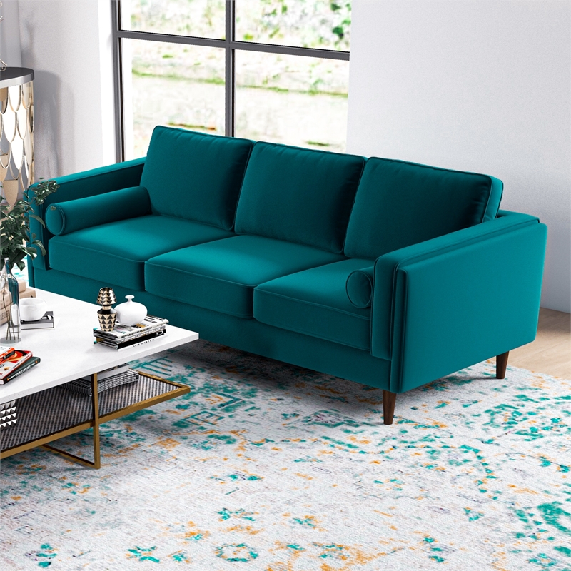 Fatin Mid Century Modern Furniture Style Living Room Velvet Sofa Set in Teal