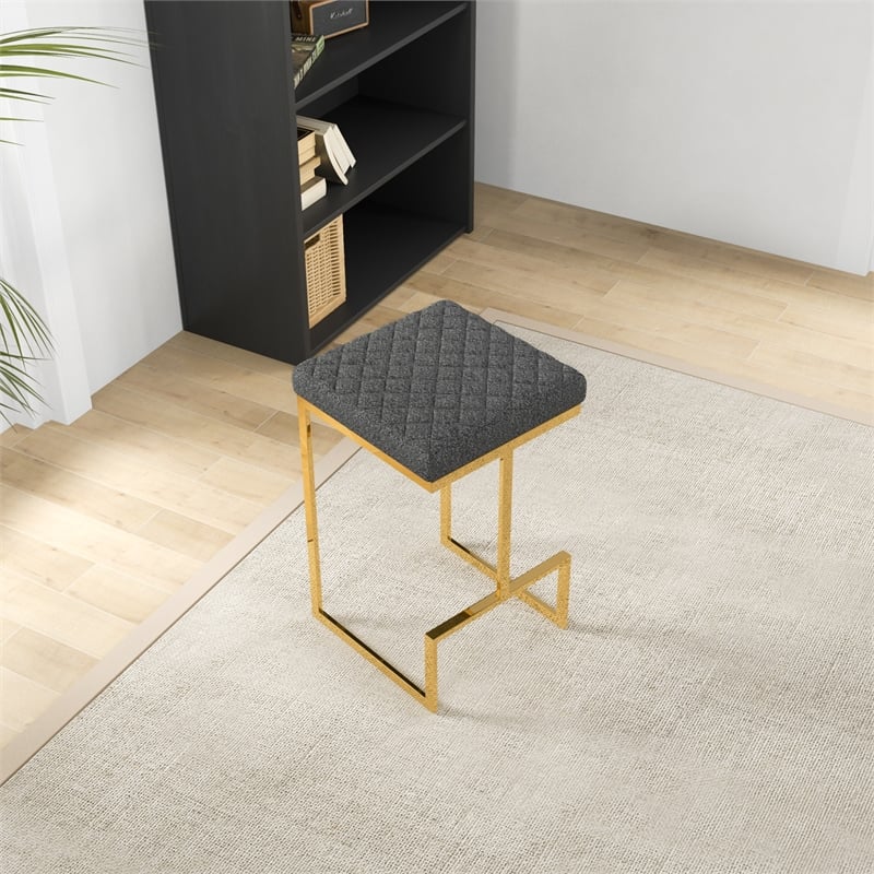 Filomena Gray Boucle Fabric Upholstered Tufted Kitchen Gold Metal Counter Stool