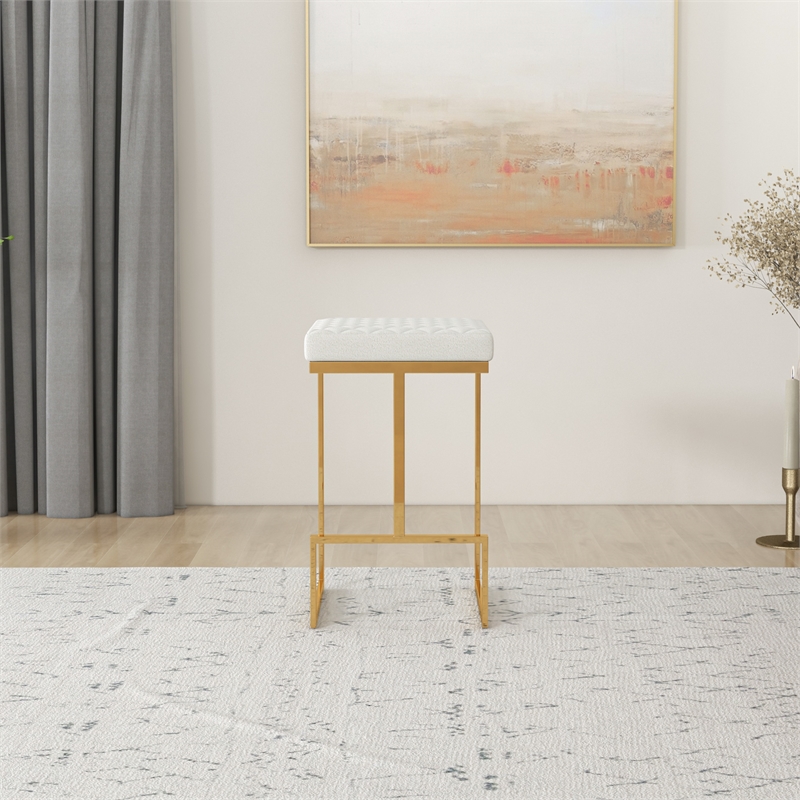 Filomena White Boucle Fabric Upholstered Tufted Kitchen Gold Metal Counter Stool